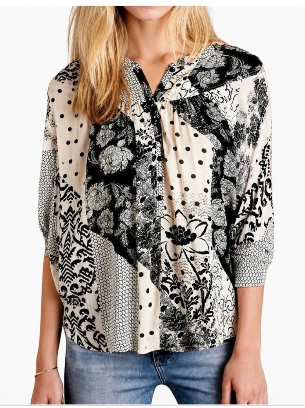 Women's Black and Cream Mixed-Print Button-Front Blouse - Maeve Linden Blouse